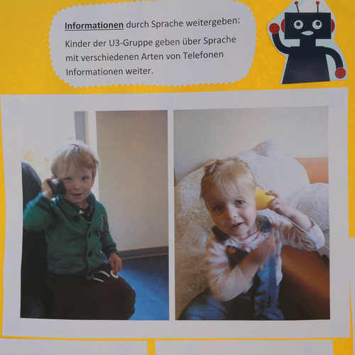 Kleinkinder spielen mit einem Schnur-/Dosentelefon